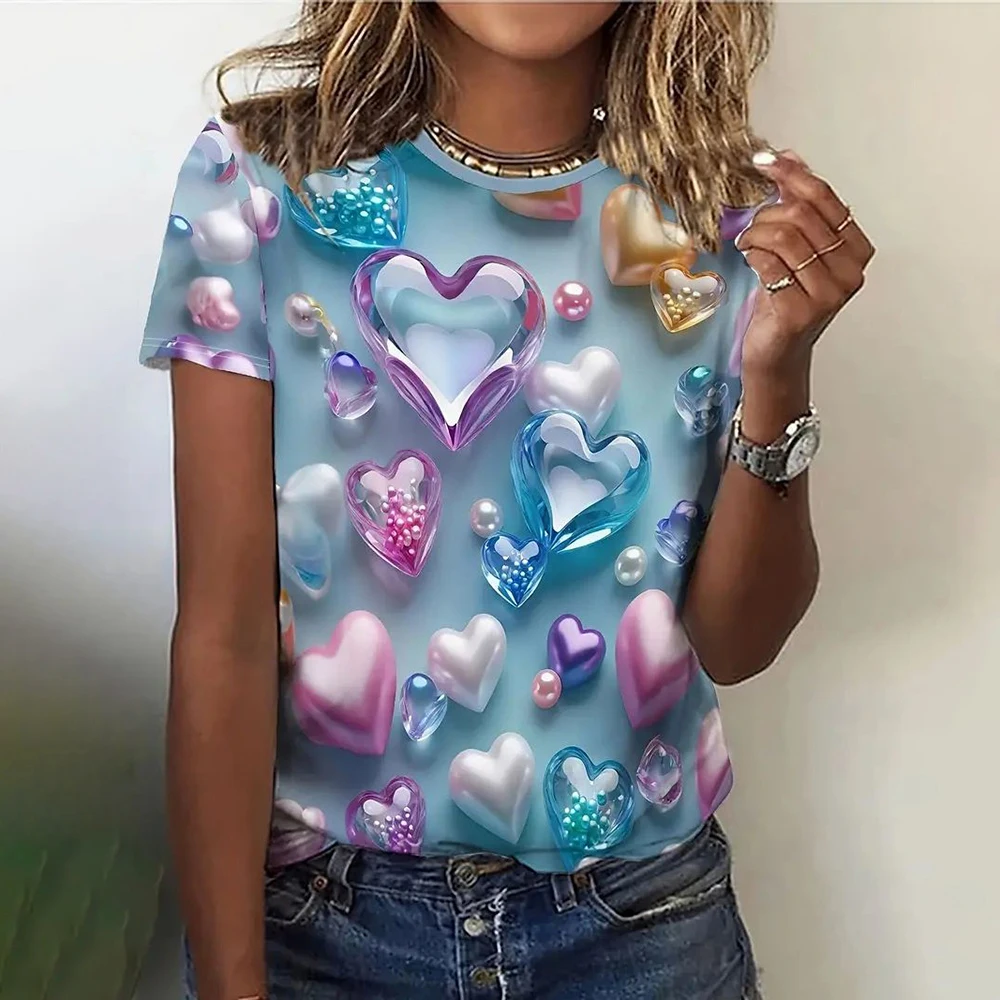 Camiseta con estampado 3d de amor para mujer, camisa holgada informal de cuello redondo, Tops de manga corta de gran tamaño, ropa de diseño de verano