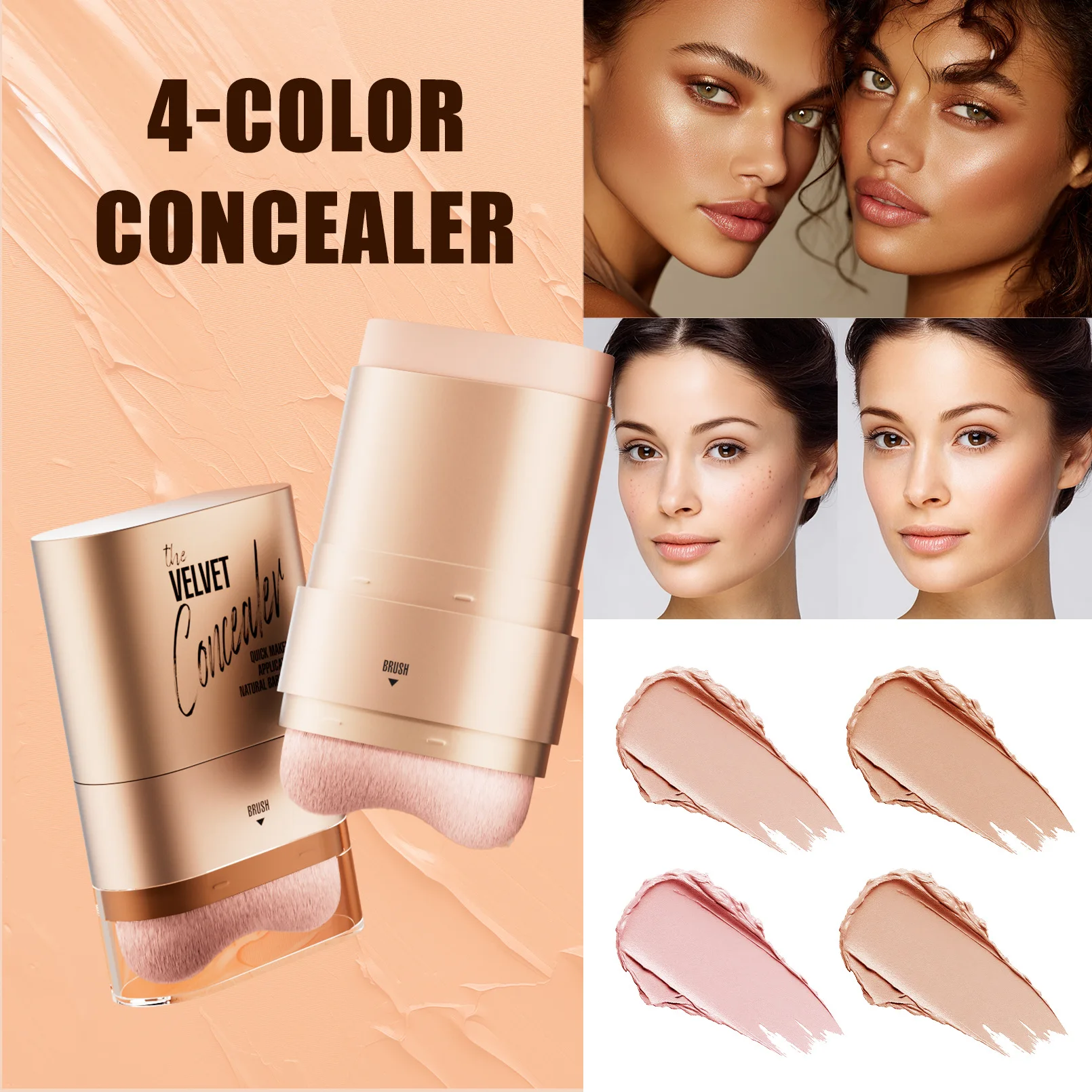Two-In-One Dual-Ended Concealer Stick with M-Shaped Makeup Brush, Covers Spots and Acne Marks, Natural and Long-Lasting, Available in 4 Colors