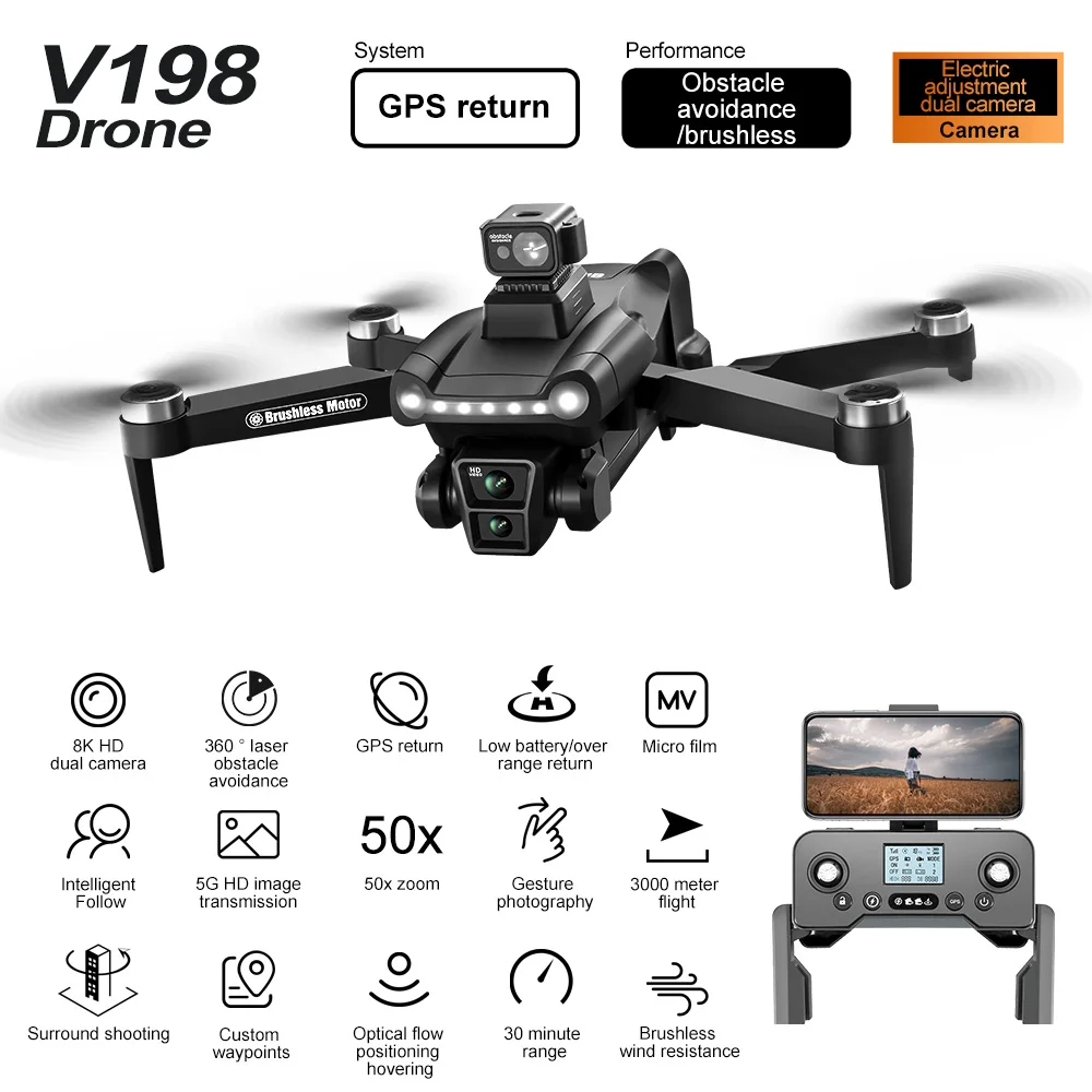 New Original V198 Drone 8K 5G GPS Professional HD Aerial Photography Dual-Camera Omnidirectional Obstacle Avoidance Drone