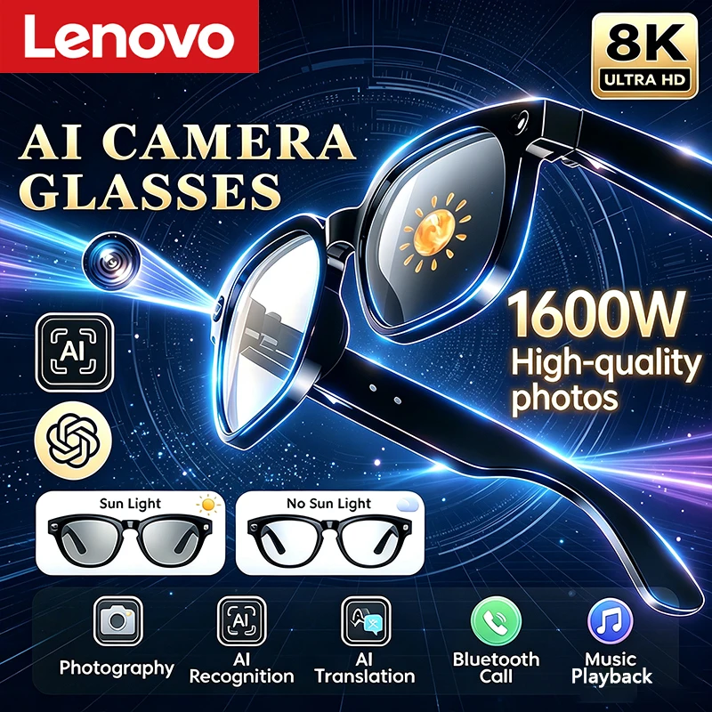 Lenovo AI Camera Glasses Multi-functional 8K 1600W Photochromic Smart Glasses Anti-shake Shooting Tech With 290mah Large Battery