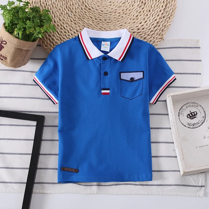 Jungen Sommer T-Shirt Baumwolle Sport Trikot Mädchen gestreiften Kragen Kleidung Kinder Tasche Dekoration T-Shirts Turn-Down Kragen Tops T-Shirt