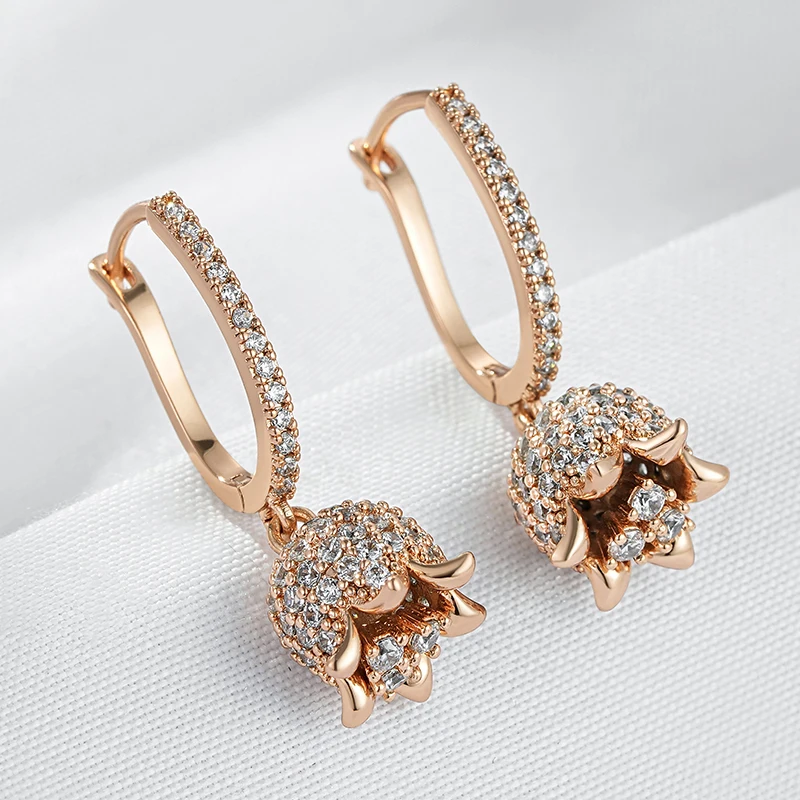 Kienl Hot Full Shiny Natural Zircon Long Drop Earring for Women 585 Rose Gold Color Unique Crystal Flower Daily Vintage Jewelry