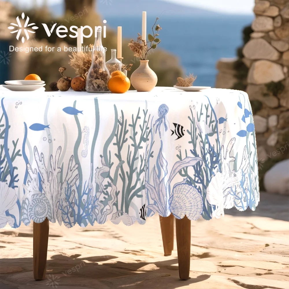 Mediterranean tablecloth, with white and blue decorations, featuring coral and small fish, coastal style