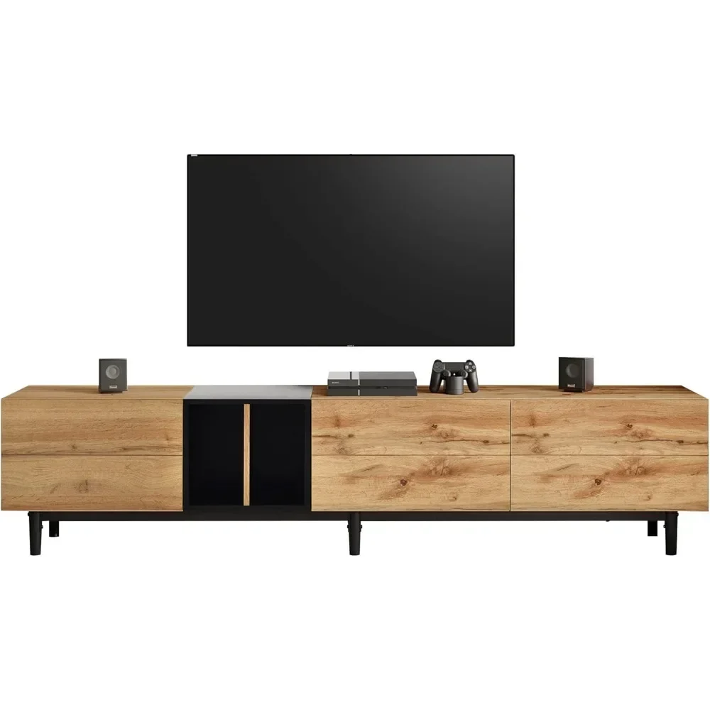 Modern TV Entertainment Center with 3 Cabinets & Open Shelves, Wood TV Stand for TVs Up to 80” for Living Room Bedroom (Natural)