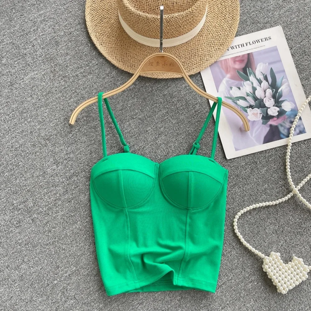Femmes Chic solide Camis mince Corset débardeur basique Sexy mode coréenne épaules nues été femmes haut court