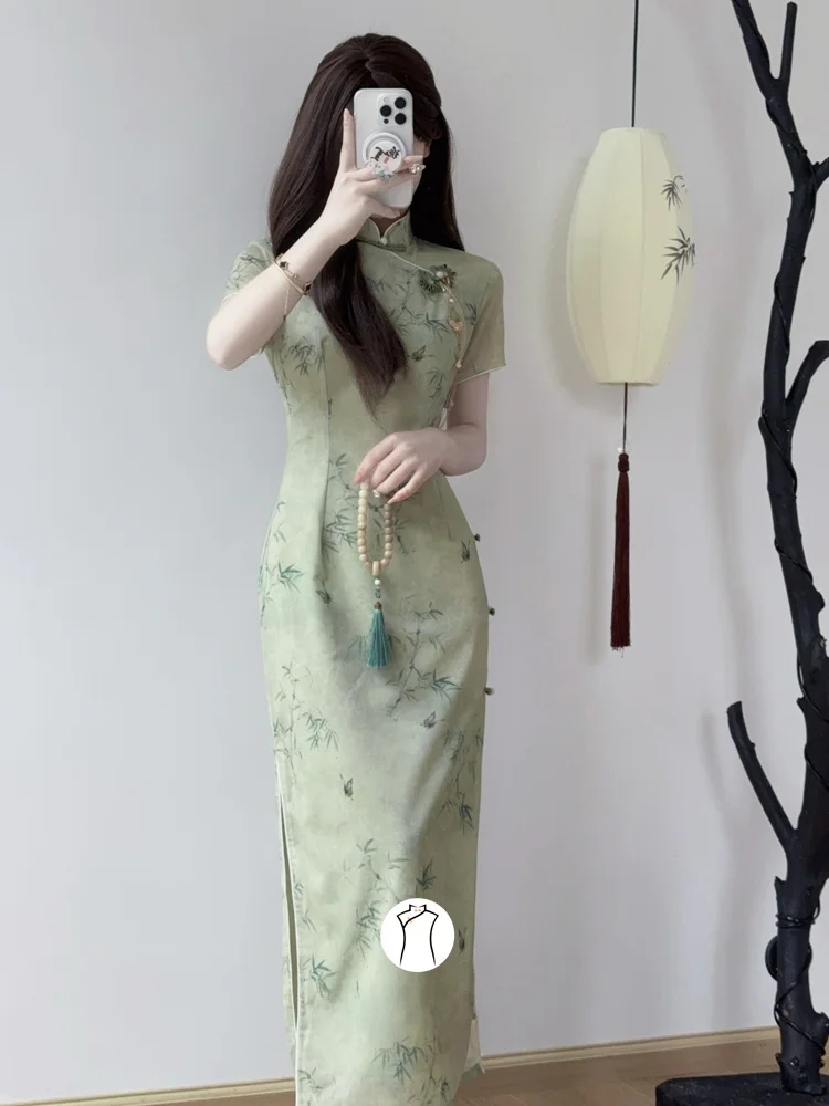 

New Chinese Sle een Qipao Young Beautiful Girl Ele Simple Breathable Floral Print ort Sve Long Dr for Women