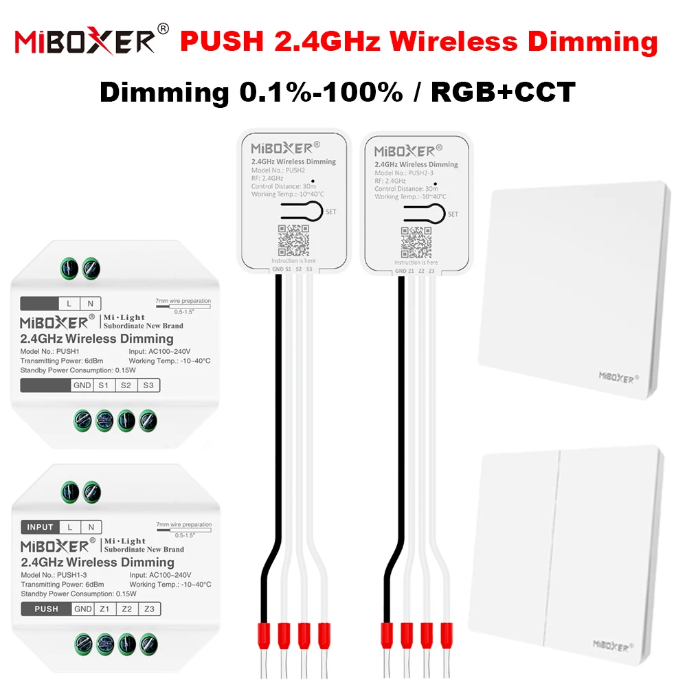 

MiBoxer 2.4GHz Wireless RGB+CCT/Brightness Dimming Dual White PUSH Switch Remote 3-Zone LED Lamp Controller AC 110V 220V PUSH1/2