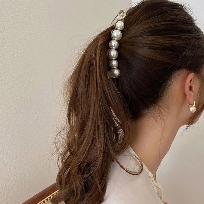 Modische Perlen-Haarnadeln Haarspangen Bananenclips Damen Mädchen Kopfschmuck Pferdeschwanz-Haarklammern Accessoire – Detail 3