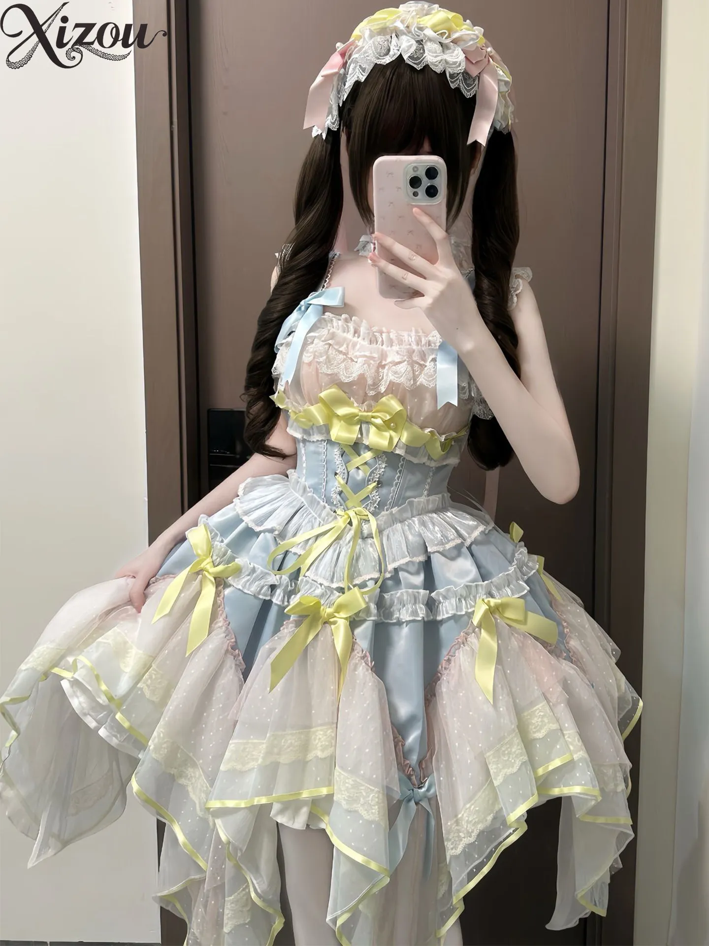 Women Light Blue Yellow Pastel Boned Corset Lolita JSK Irregular Tulle Skirt Multi Satin Bow Birthday Wedding Bridal Gown 2026
