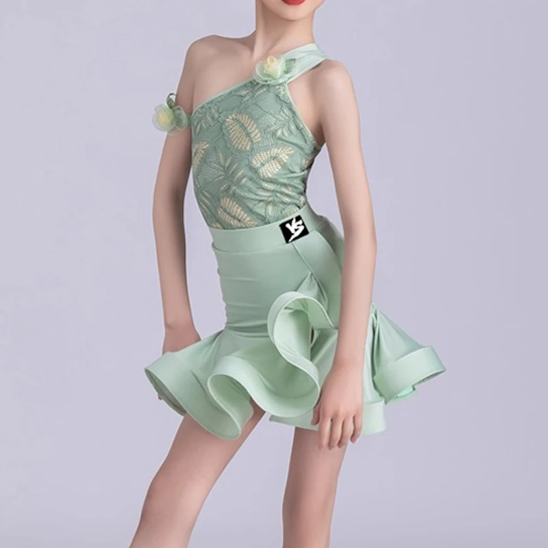 2025 New Girls' Rumba Tango Latin Dance Practice Training Dress Set Summer Strap Split Lace Professional Performance Dress