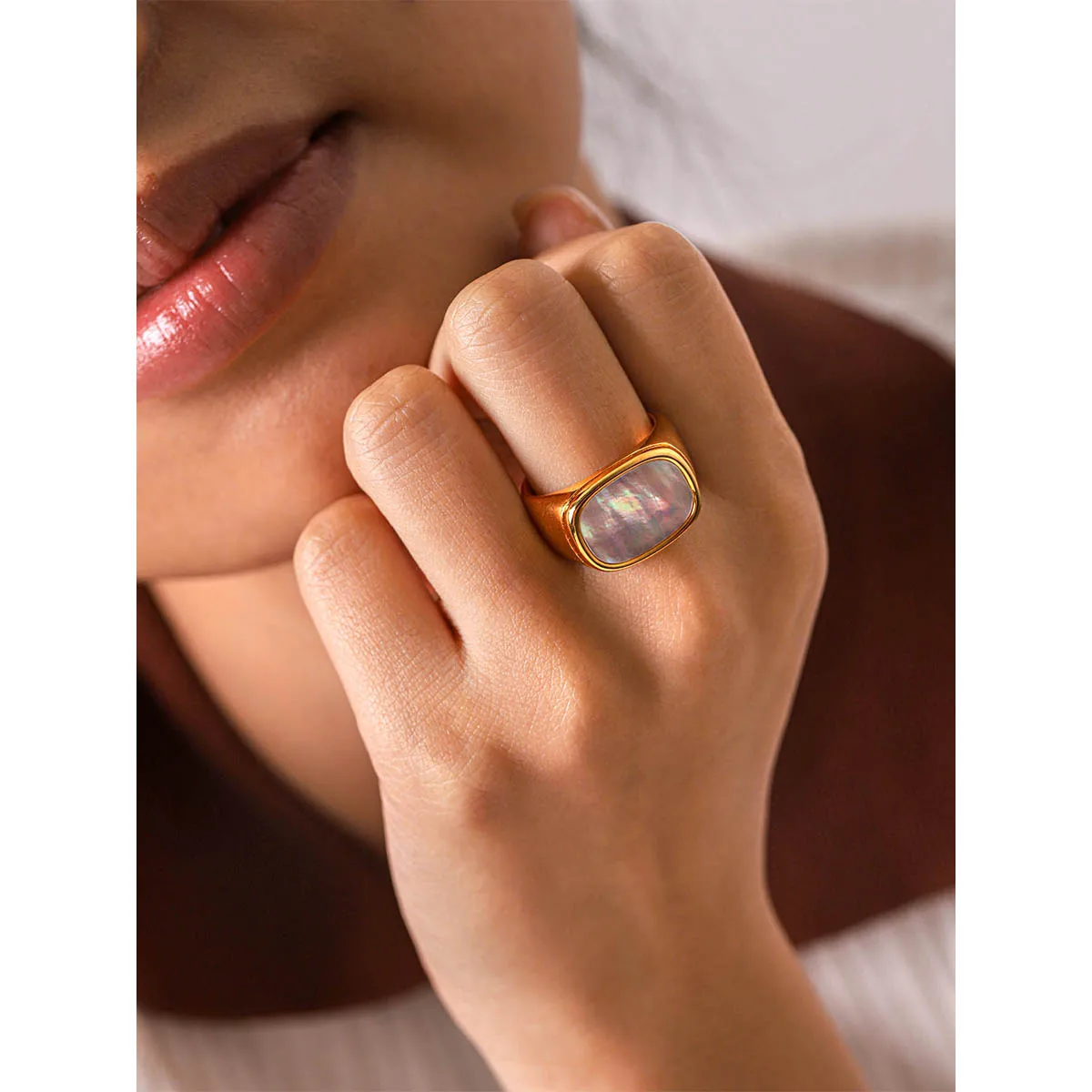 

18K Gold PVD Plated 316L Stainless Steel Chunky Finger Ring Wedding Statement Jewelry With Freshwater Pearl Zircon
