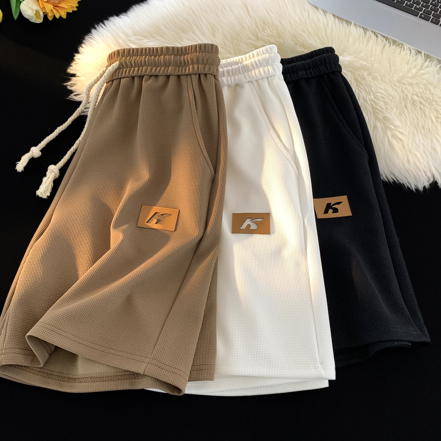 

Men's Baskeall Sports ort Pants Summer Weaving Dstring Straight Leg Four Five Split Oversize Loose Wide Leg mid Pants