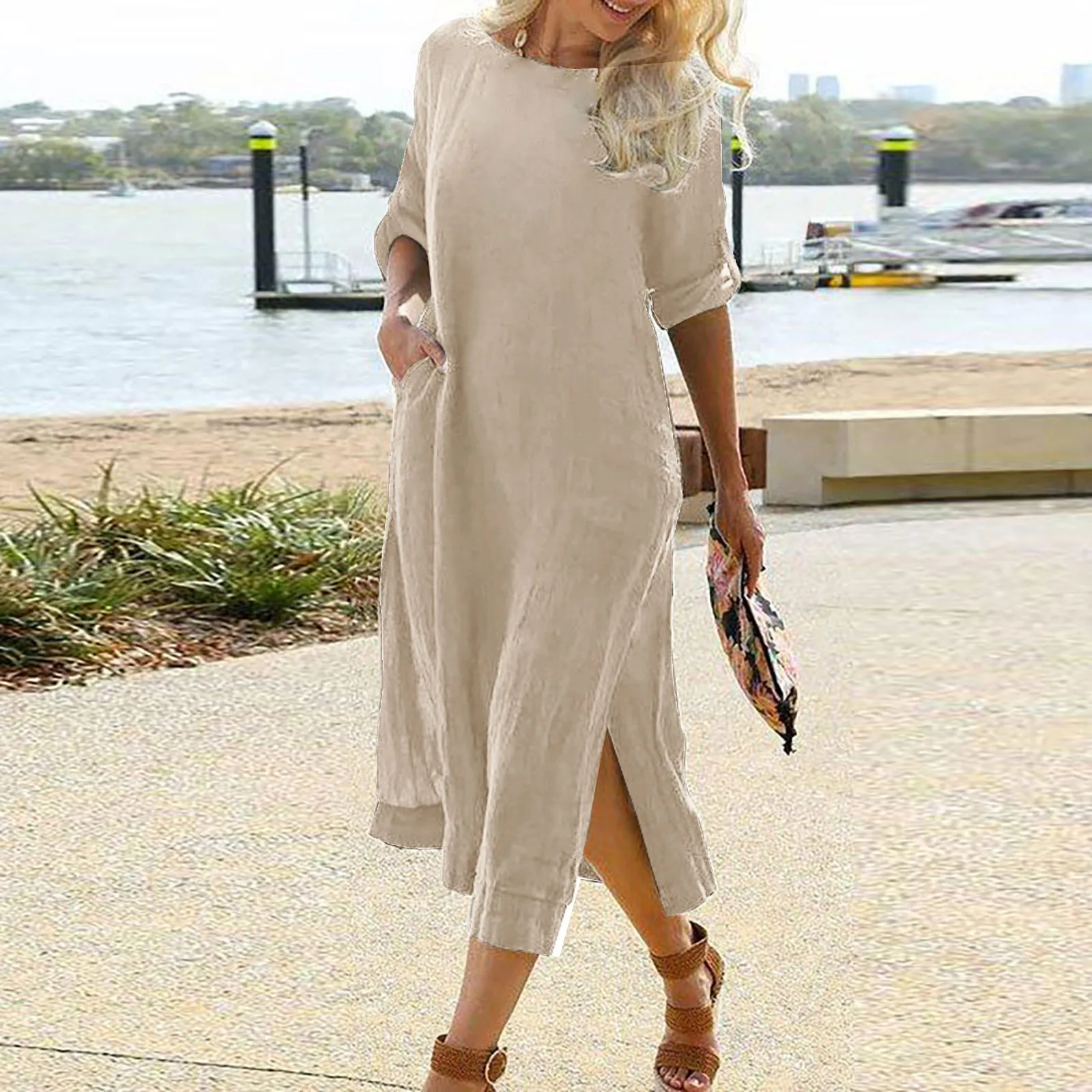 

Cotton Linen Maxi Dress Beach Wear Women Vintage Style Short Sleeve Solid Color Boho Loose Holiday Dresses New Female Sundress