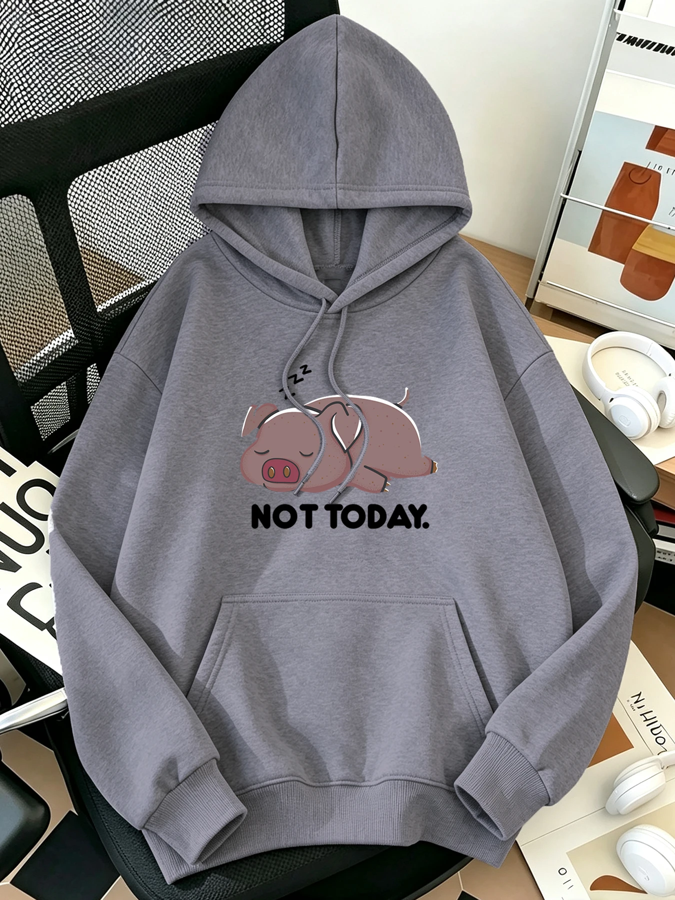 Not Today Cartoon Pig Printing Hoodie Women'S All-Match Simple Tops Casual Street Clothes Basic Fashion Fleece Sweatshirts