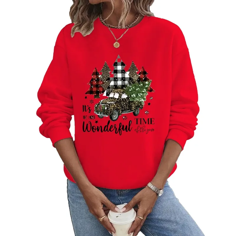 Crew-neck Hoodie Europe and The United States Christmas Long-sleeved Hot Christmas Truck Tree Print Clothes  Sweatshirts