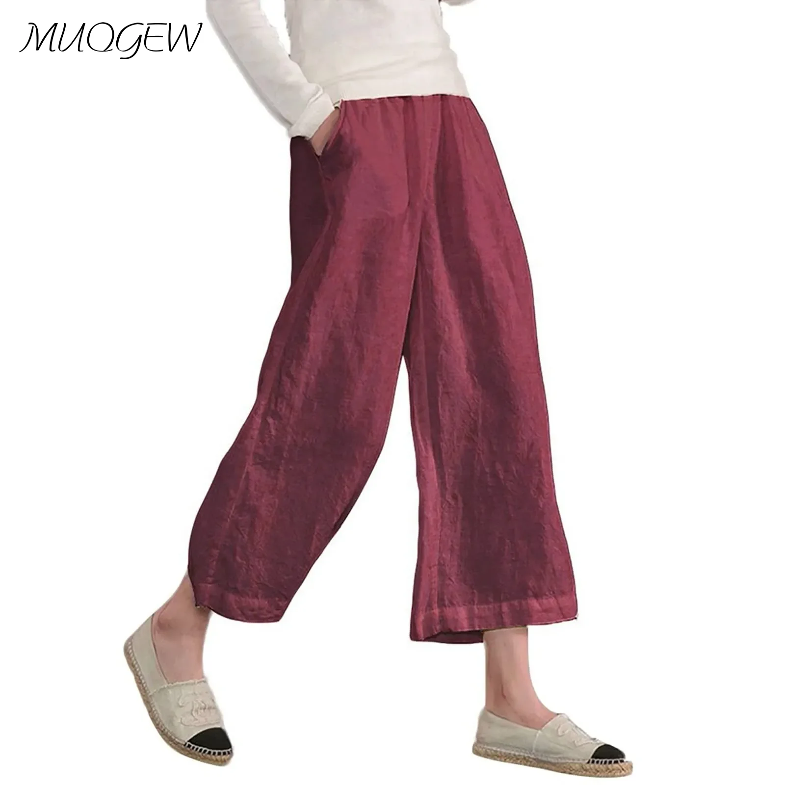 

Women'S Loose Wide Leg Ninth Pants Casual Basic High Elastic Waist Pants Cotton Linen 2024 Summer New Fashionable Trousers