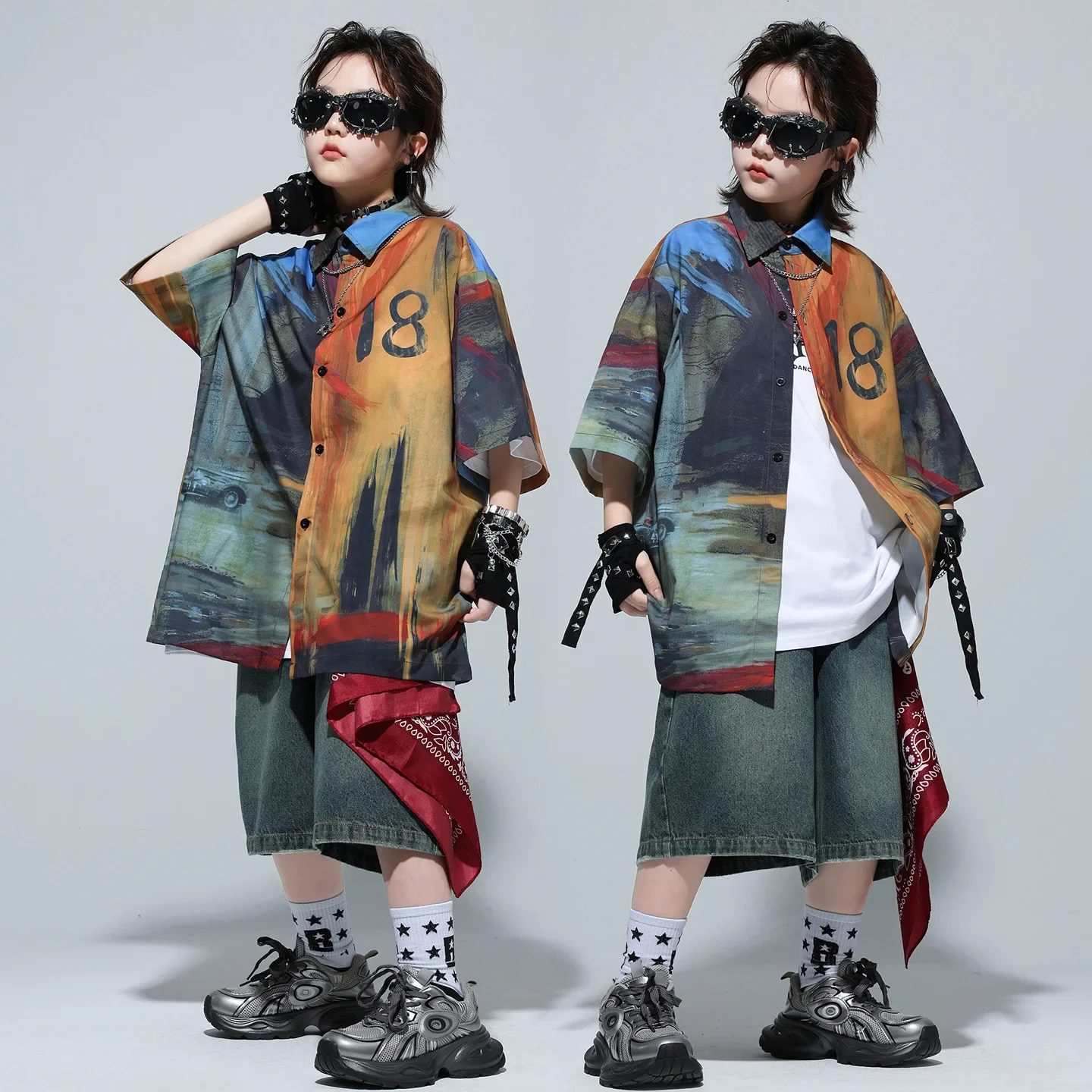 

Kid Hip Hop Clothing Sets Oil Painting Print Shirt Vintage Denim Jeans Shorts Middle Pants for Girl Boy Jazz Dance Costume