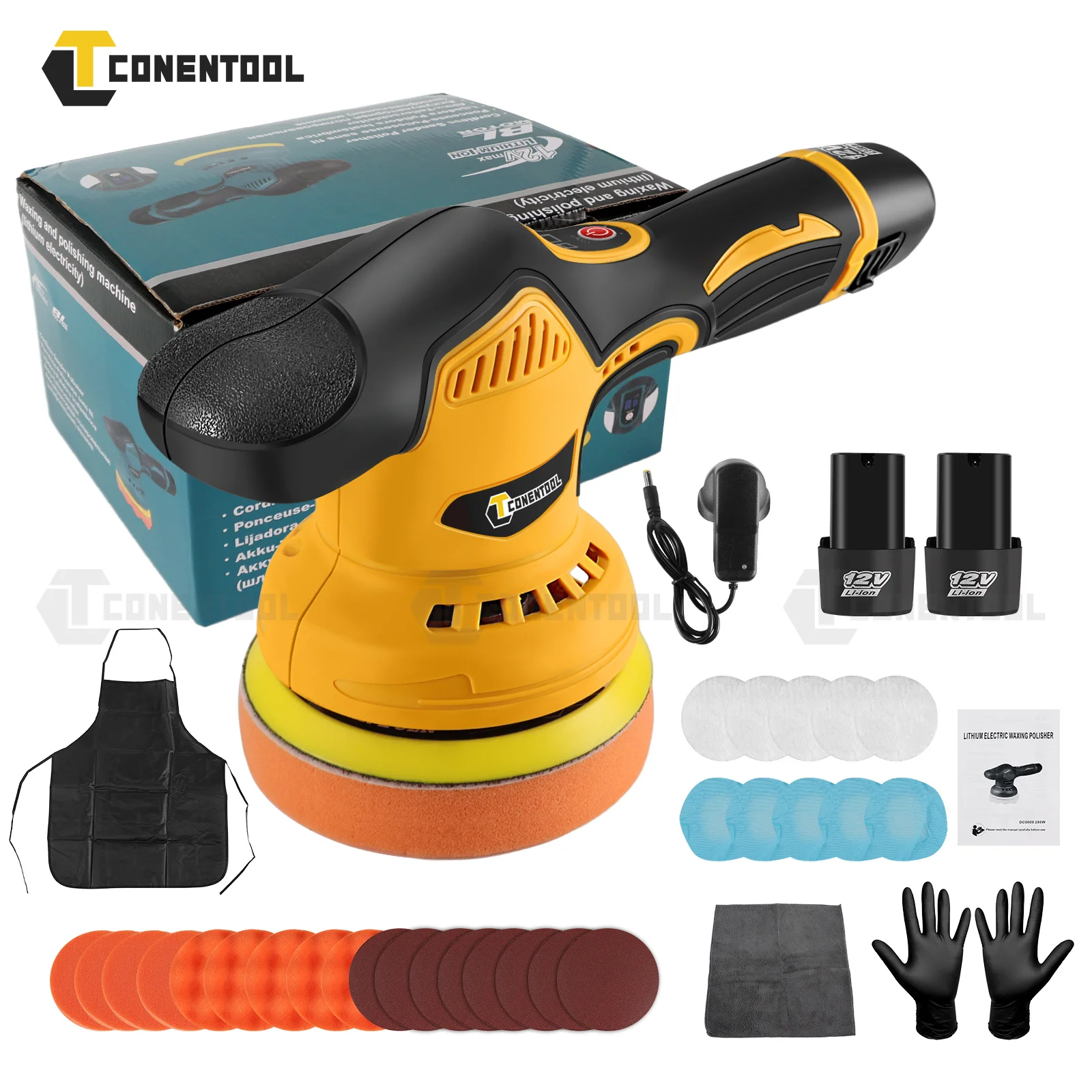 Conentool 450W Cordless Car Polisher Buffer Dual Action Polishing Machine 8 Variable Speed Dual Action 5500RPM 2000mAh Battery