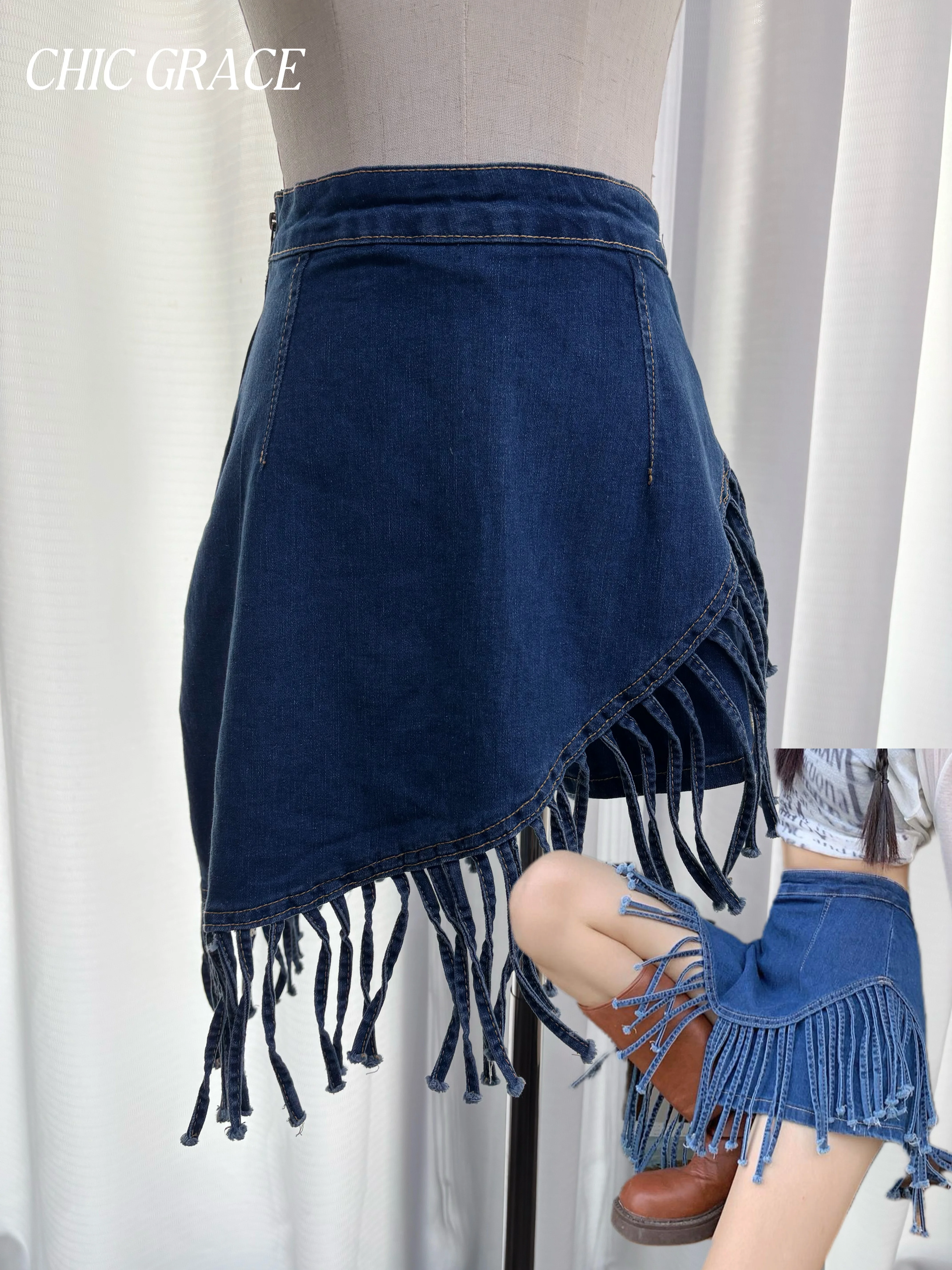 

Real shot New Arrival Women's Blue Denim Fringe Skirt High Waist A-Line Bodycon Mini Skirt Pants Fashion Trendy Summer Casual St