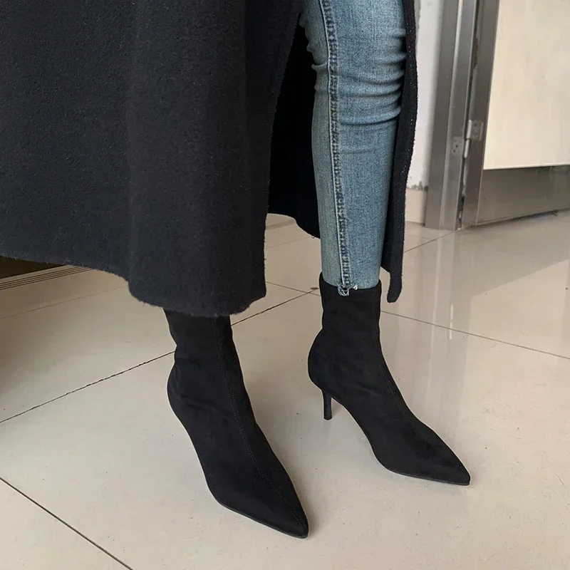 

2024 New Women Sock Ankle Boots Fashion Black Slip On Ladies Elegant Dress Short Boot Thin High Heel Dress Chelsea Shoes