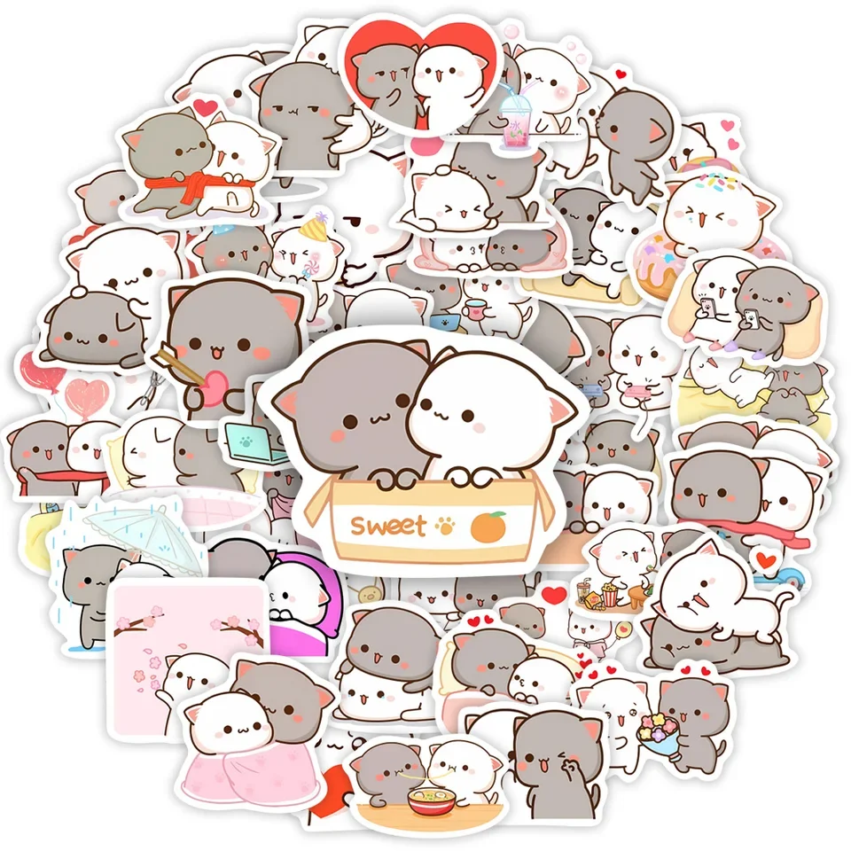 Adorable feline duo decals featuring playful cartoon style and kawaii aesthetics ideal for personalizing notebooks laptops skate
