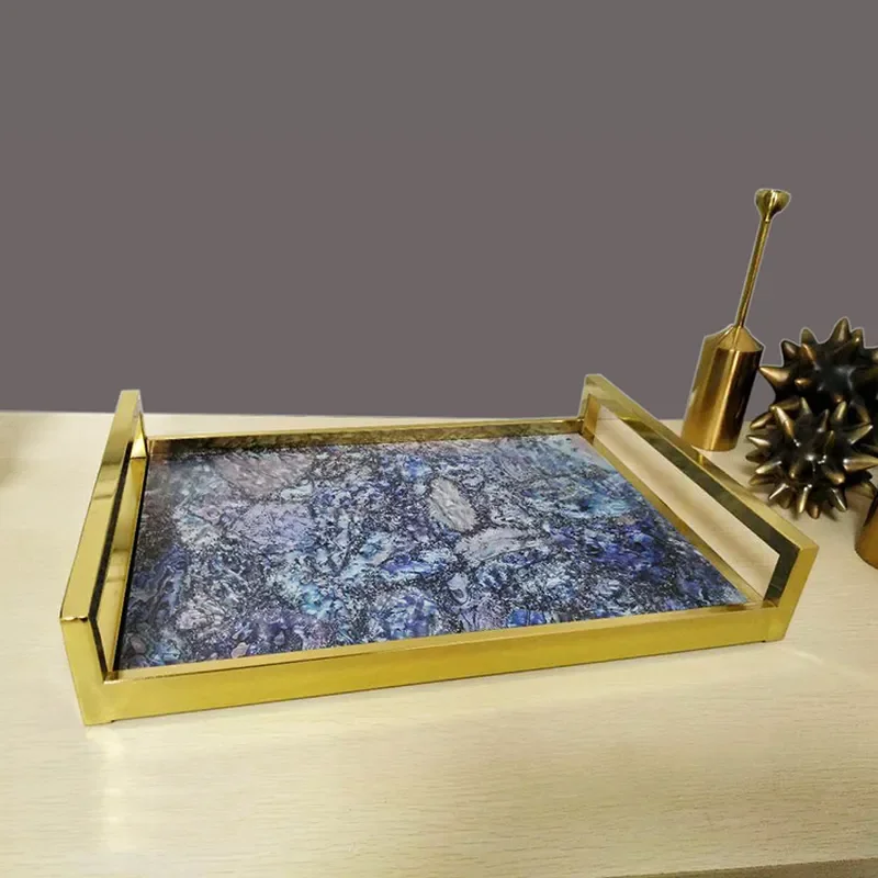 Modern Luxury Titanium Gold Hardware Wood Plate Printing Tray Creative Home Decoration Jewelry Display Model House Ornament