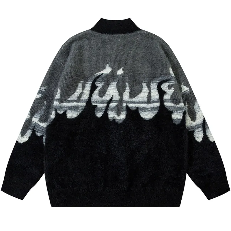 Mohair Sweater Coat Knitted Flame Fire Full Zip Up Jumper Cardigan Streetwear Hip Hop Harajuku Punk Gothic Long Sleeve Sweaters