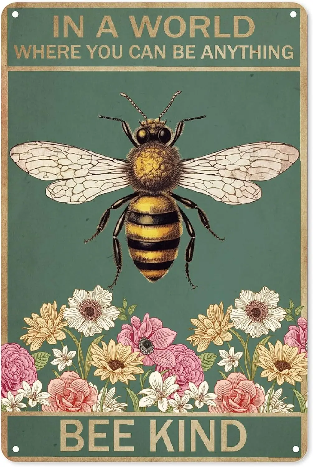 Bee Kind Floral Art Vintage Metal Wall Art Posters Prints Wall Decor Sign for Home Room Bathroom Bedroom Kitchen Bar Office