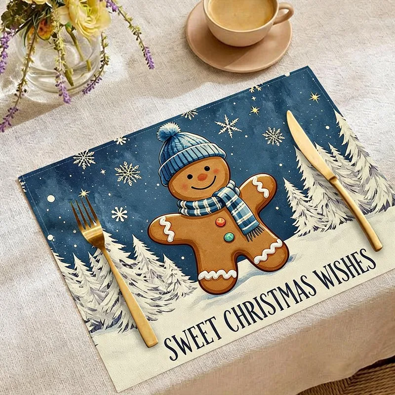 VIKAMA Linen Placemats Happy New Year Train Navy White, Stain Resistant Easy to Clean, Dining Table Holiday Party Decor