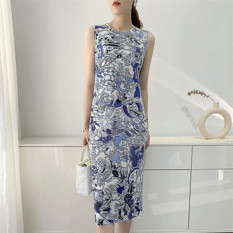 Pleated Dress Tank Top Skirt Women's 2023 Summer New Print Pleated Skirt Mid length  dresses for women 2023