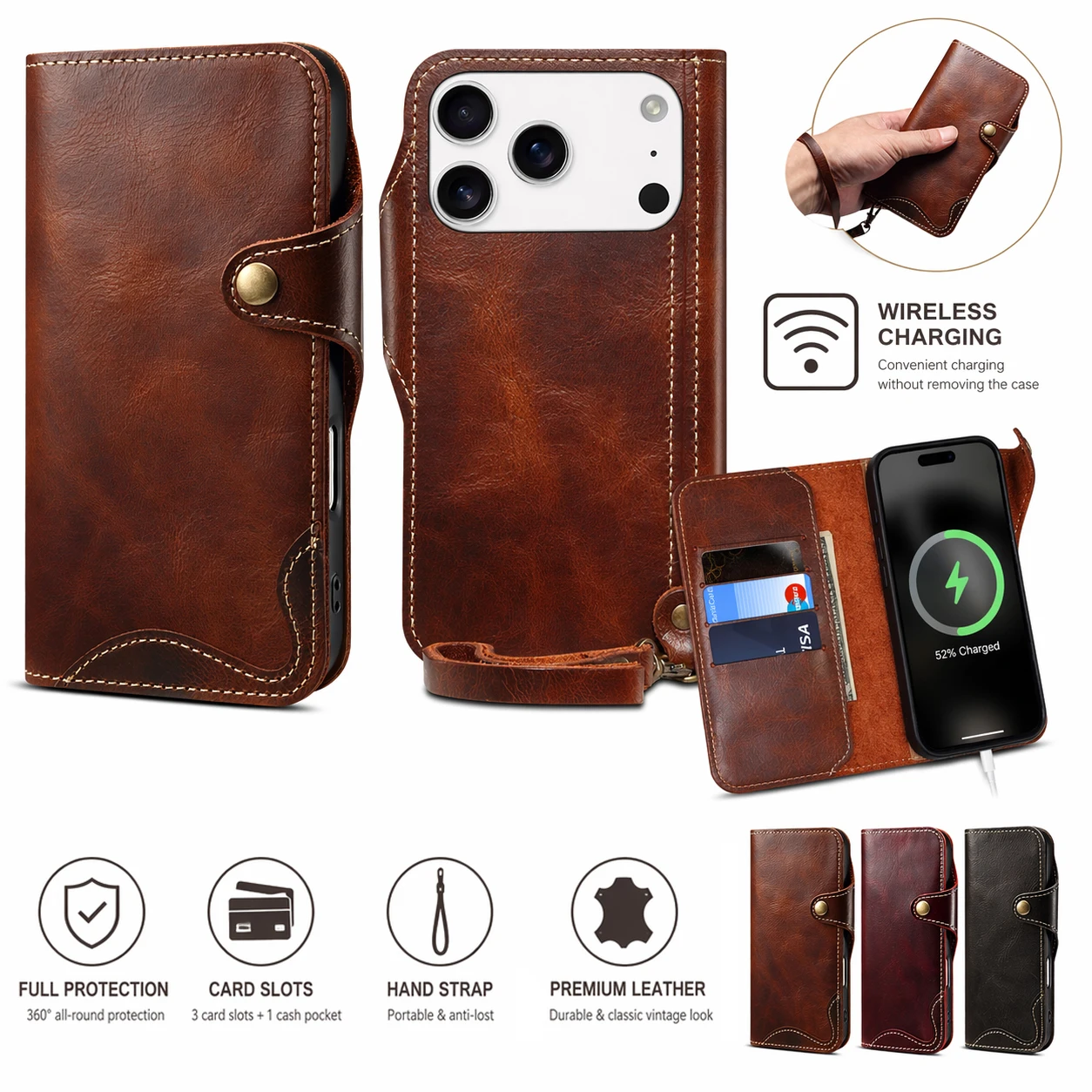 Custodia a Portafoglio in Vera Pelle per iPhone 17/16/15/14/13/12 Pro Max, Cover Flip con Supporto e Scomparti per Carte e Contanti