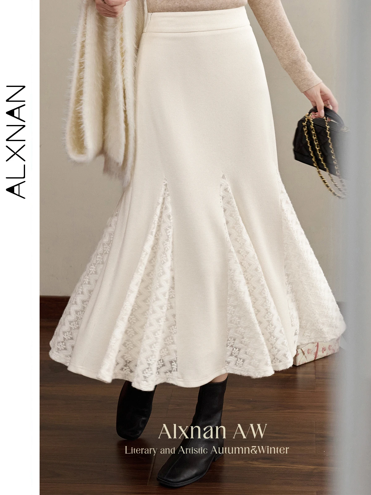 

ALXNAN Women's Skirt 2025 Fall Winter Warm Apricot Long Lace Patchwork Skirt Elegant Casual Elastic Waist Female Clothing L52216