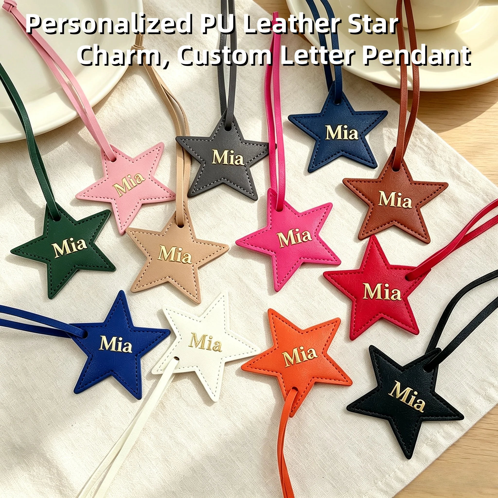 Customized Name Information: PU Leather Creative Five-Pointed Star Bag Decoration Pendant, Cute Key Pendant, Bag Accessories