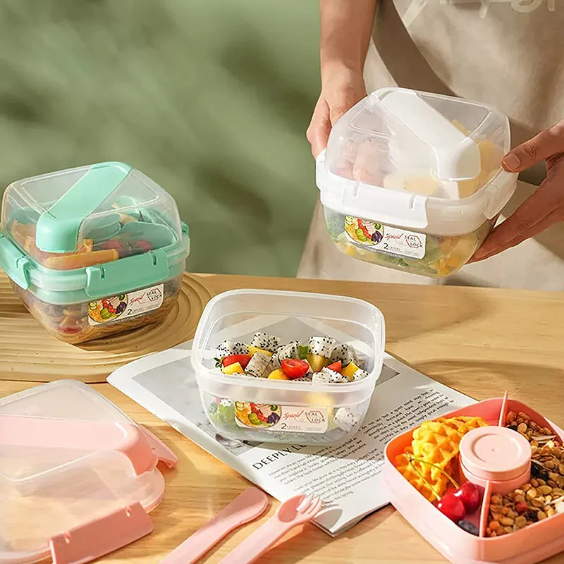 2 Layer Salad Bowls With Knife Fork 1300/1600 Ml Lunch Box Sealed Leakproof Bento Boxes Reusable Picnic Box Food Container