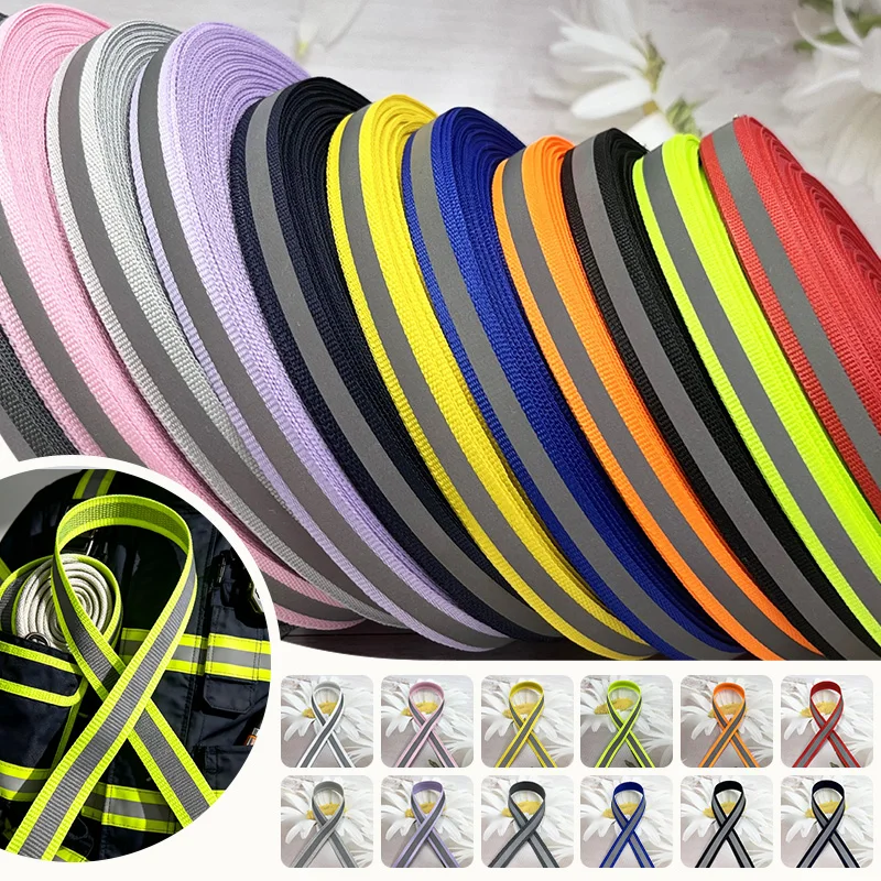 10mm 50Yards Reflective Nylon Webbing Strap Clothes Bags Decor Ribbon Band Pet Leash Safety Warning Tape DIY Sewing Accessories