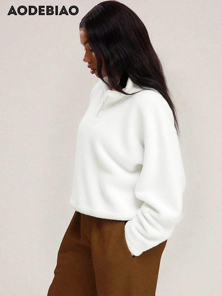 AODEBIAO Women Hoodie Autumn Winter Long Sleeves Fashion Zippers White Hairy Hoodie Solid Keep Warm Coat Top Casual Hoodie Lady