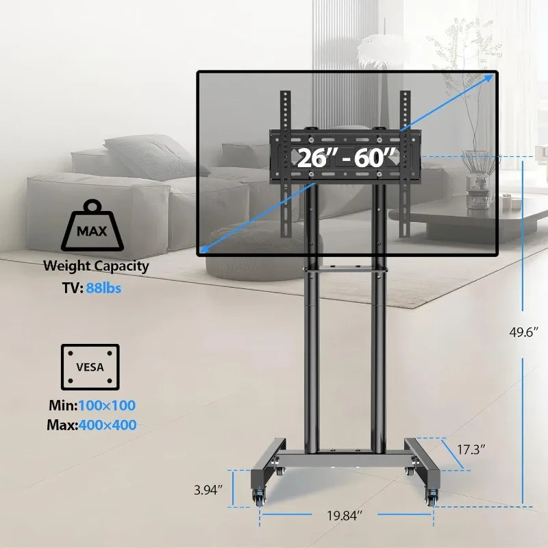 Mobile TV Cart for 26-60 Inch LCD LED OLED 4K Smart Flat and Curved Panels, Rolling Floor Stand with Laptop DVD Shelf