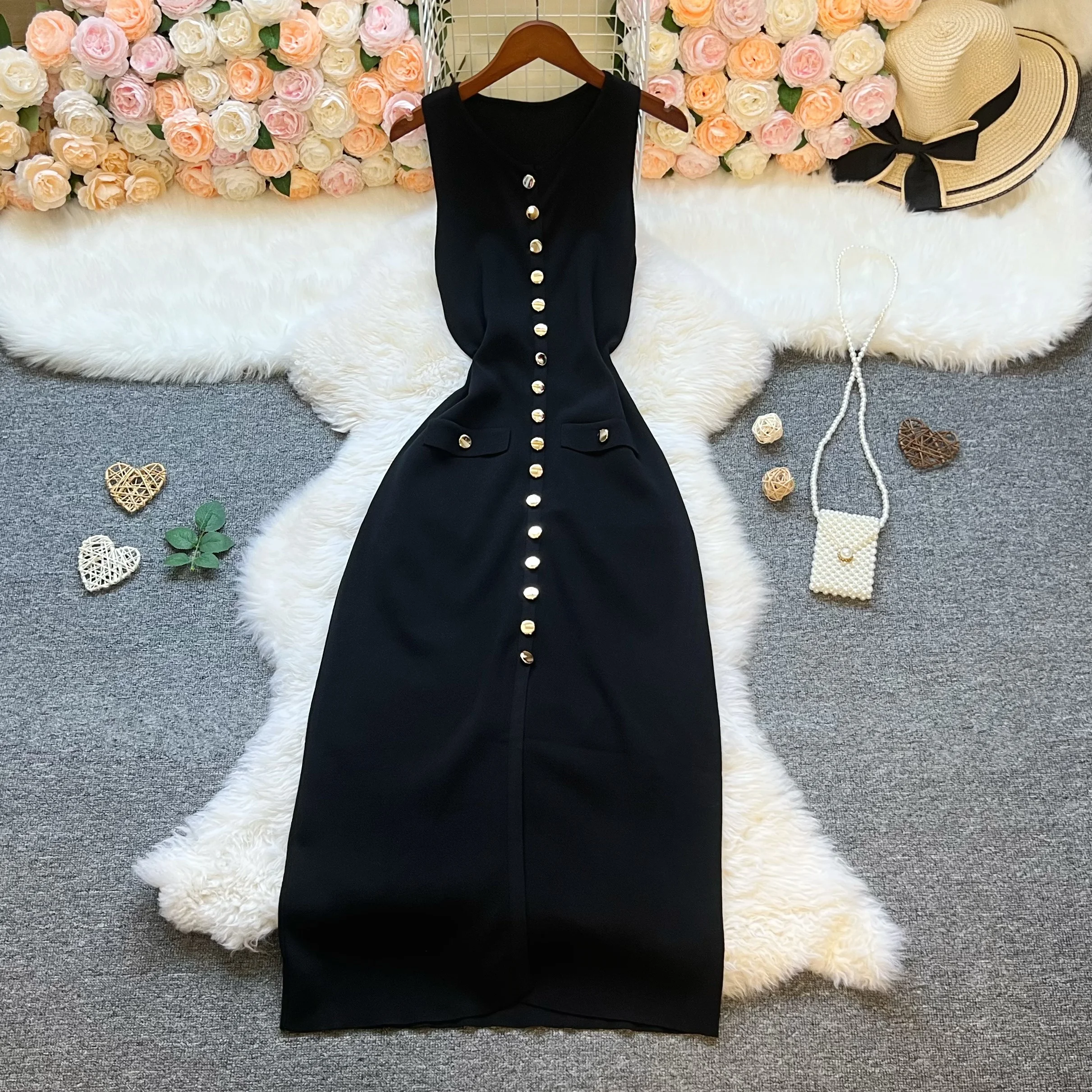 YuooMuoo Chic mode tricoté Maxi robe femmes Vintage simple boutonnage sans manches moulante robe pull élégante dame Robes de soirée