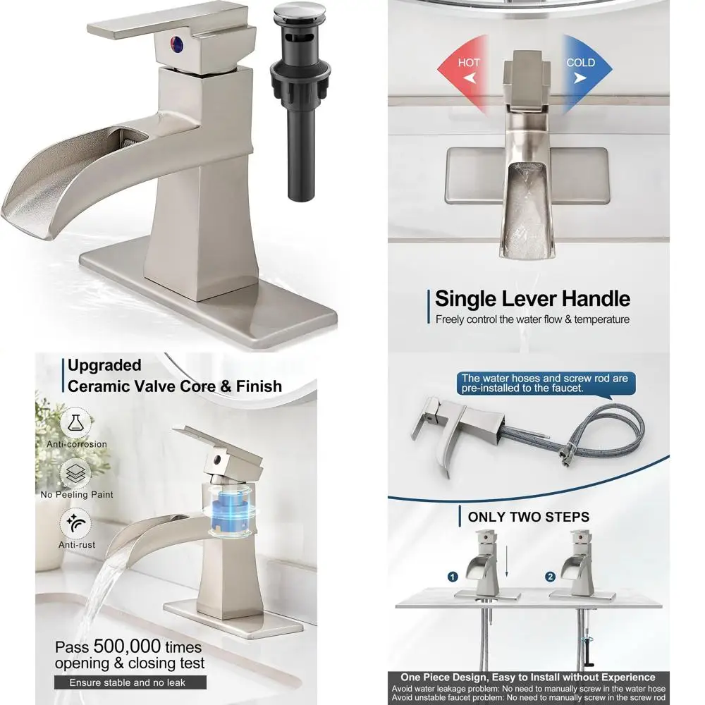 

Single Handle 4 or 3-Hole Brushed Nickel Waterfall Faucet with Pop-Up Drain for Vanity Sinks, RV, Easy Install
