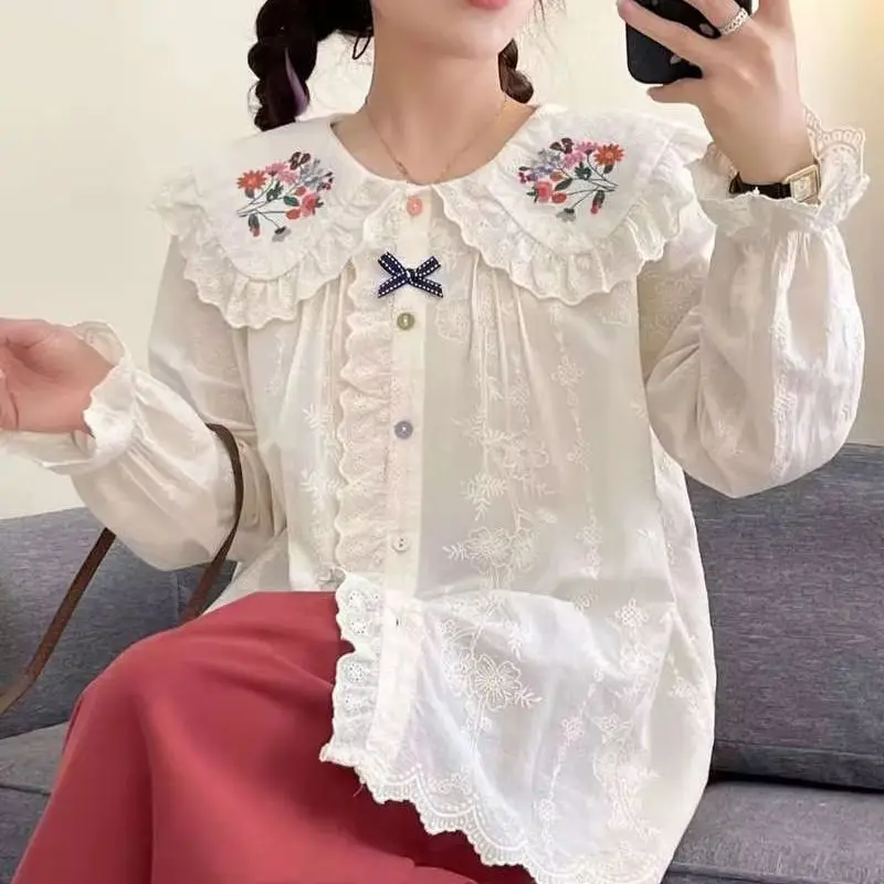 Lolita Shirt White Sweet Women Preppy Style Blouses Cute Peter Pan Collar Lace Ruffle JK Shirts Girls Long Sleeve Blusas Mujer