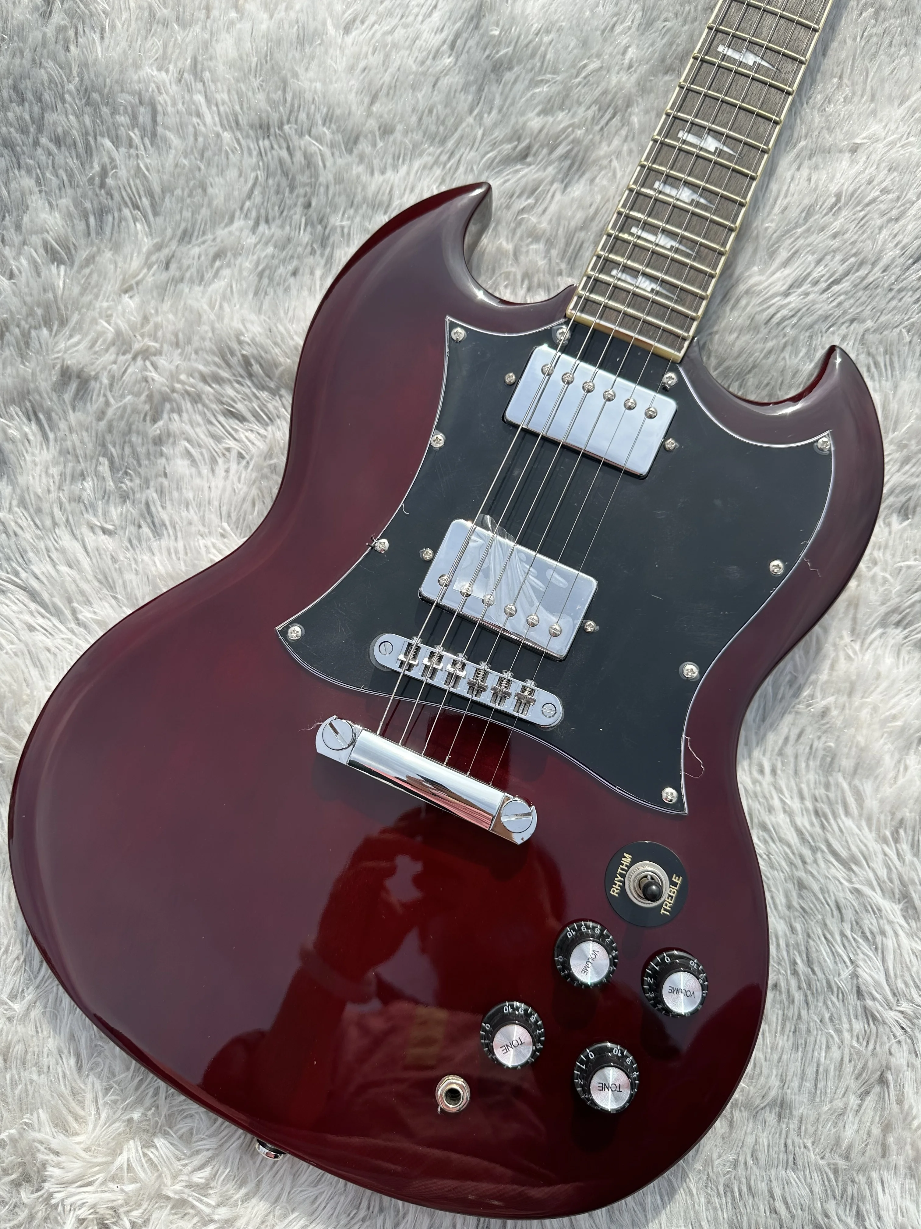 SG electric guitar, custom signature lightning inlaid fingerboard, dark red, silver accessories, quick shipping