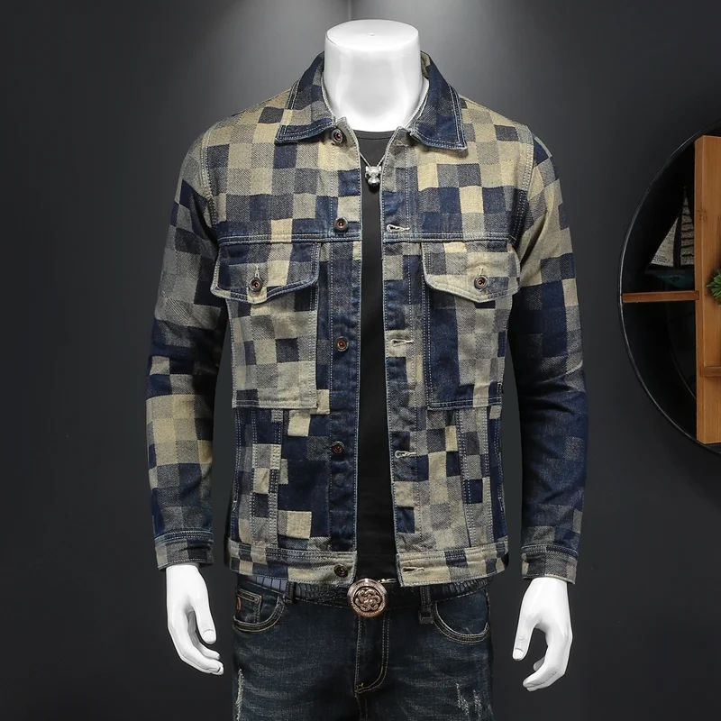

Loose Denim Jacket Outerwear Blue White Camouflage Plaid Color Network Celebrity High-End Sense Cross-Border Men's Clothing