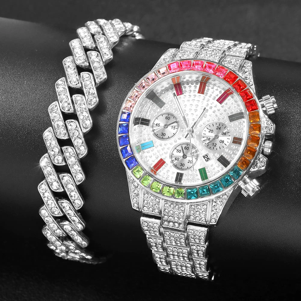 Fashion Hiphop Women Quartz Watch Luxury Cuban Bracelet Chain Sets Rhinestones Dress Wristwatch For Ladies Gift