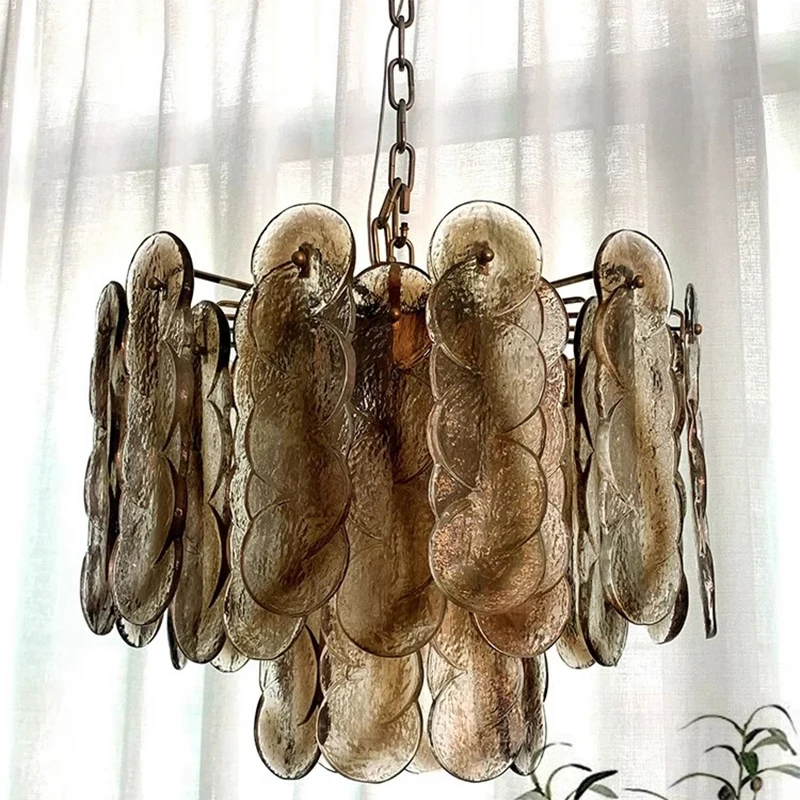 

French vintage coffee colored glass chandelier, vintage restaurant, bedroom, residential, hanging living room, lighting fixtures