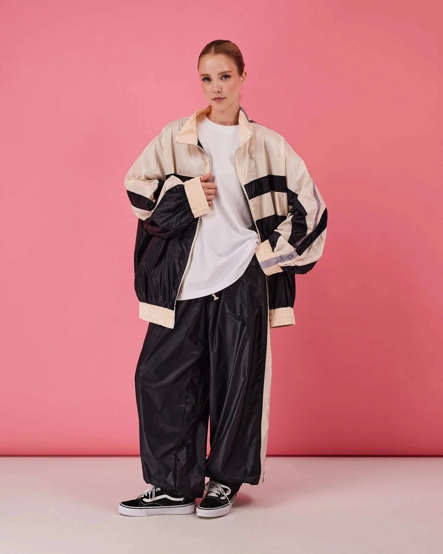 Women Acetate Satin Tracksuit Stand Collar Zip Up Color Block Jacket Elastic Cuff Loose Wide Leg Pants CasualTwoPiece Outfit Set view 2
