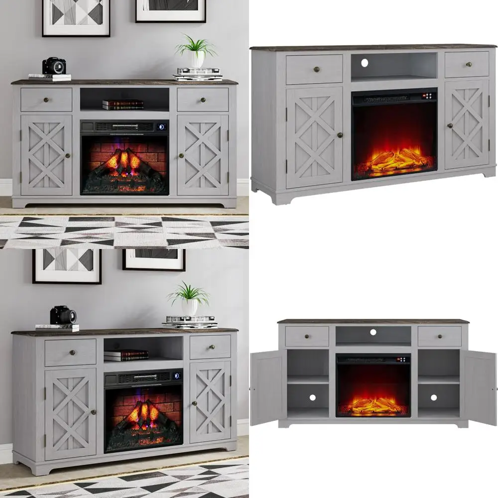 حامل تلفزيون مدفأة كهربائية مقاس 60 بوصة مع مساحة تخزين علوية، بابين لأجهزة التلفاز حتى 60 مركز ترفيهي #1