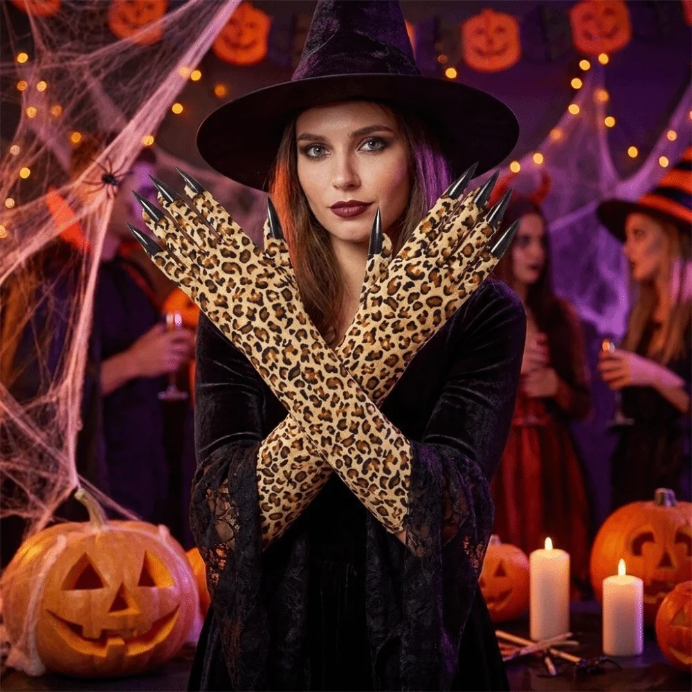 Long Sleeve Leopard Pattern Gloves Stretchy Stretch Cosplay Gloves Creative Personality Halloween Gloves Performance Props
