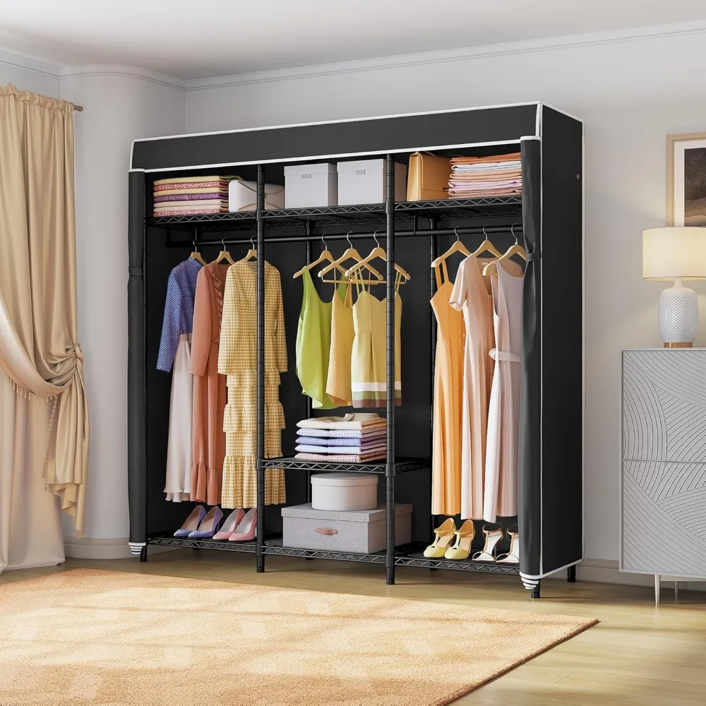 Heavy Duty Coverd Clothing Rack, Rack de roupas com capa de tecido Oxford, Armário Portátil com Prateleiras Ajustáveis e Hang Rods