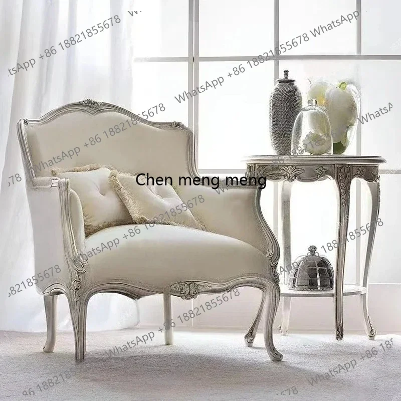 European simple solid wood carving flower single sofa chair French living room balcony bedroom leisure chair