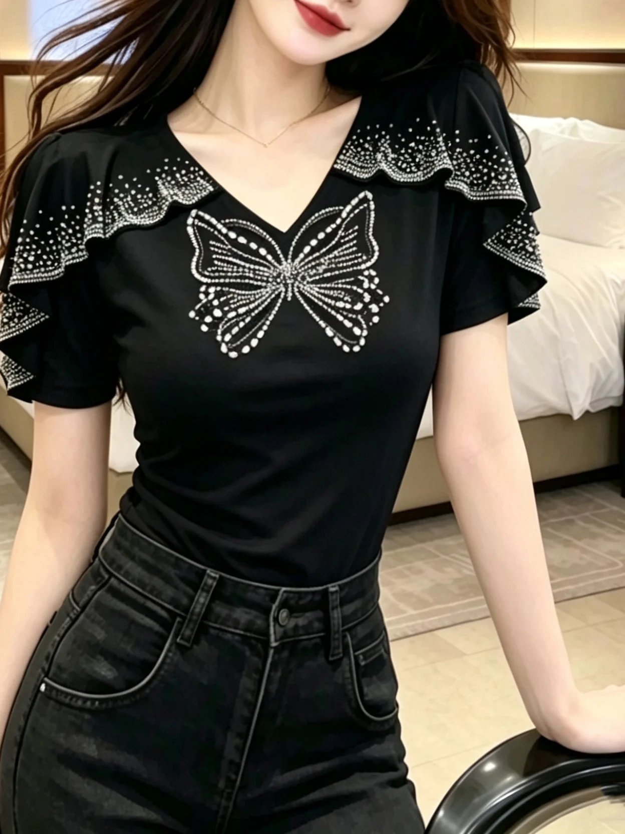 Summer Women's Casual Style V-neck  Rhinestone Short Sleeve Slimming T-shirt Bell Sleeve Top  Pattern